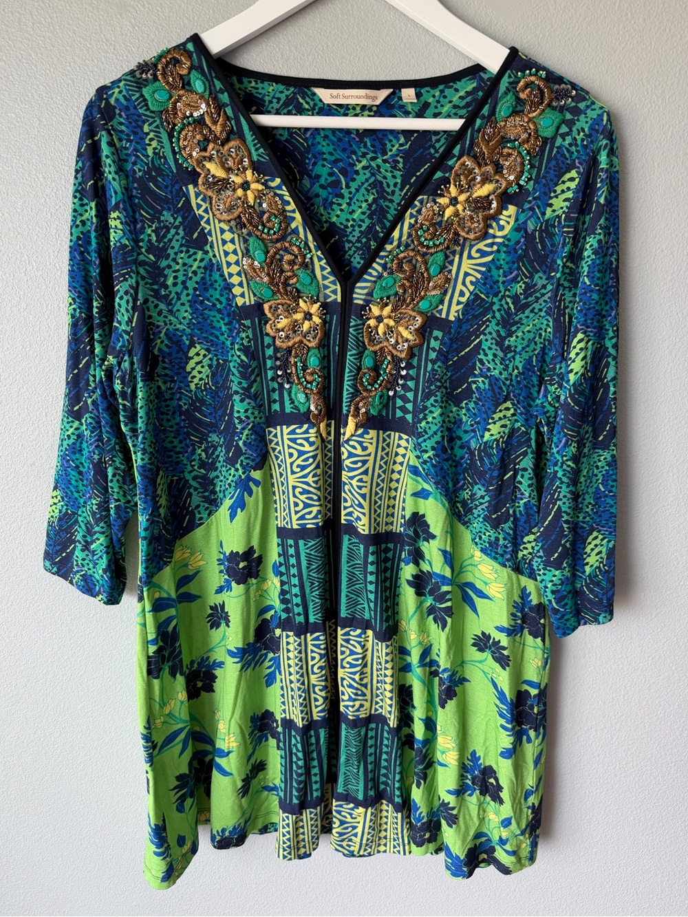 Soft Surroundings blue green patterned embroidered Marilla tunic Women’s sz L